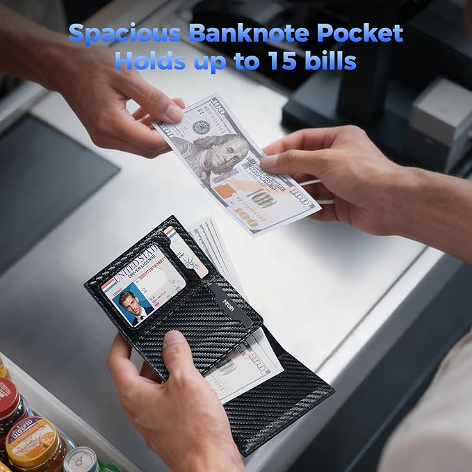 Mens Slim Minimalist Wallet Card Holder with Coin Pocket, Cash Slot, Magnetic Closure, Pop Up Aluminum Case, ID Window, Leather Wallet, RFID Blocking, 9-13 Card Capacity (Carbon Black)
