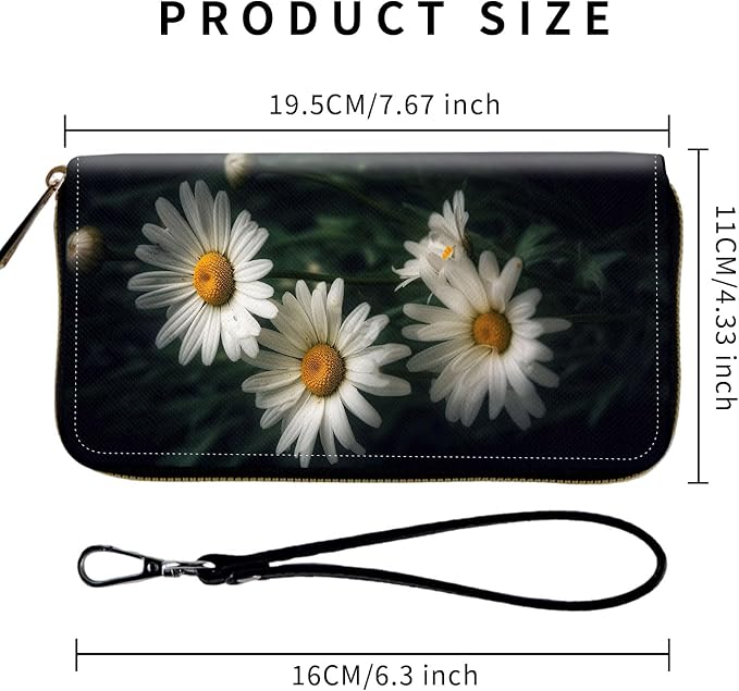 Wallet,Leather Long Wallet Suitable For Ladies And Teenagers - Detachable Wristband + RFID Travel Wallet With Card Slot - White and Yellow Daisy Flowers