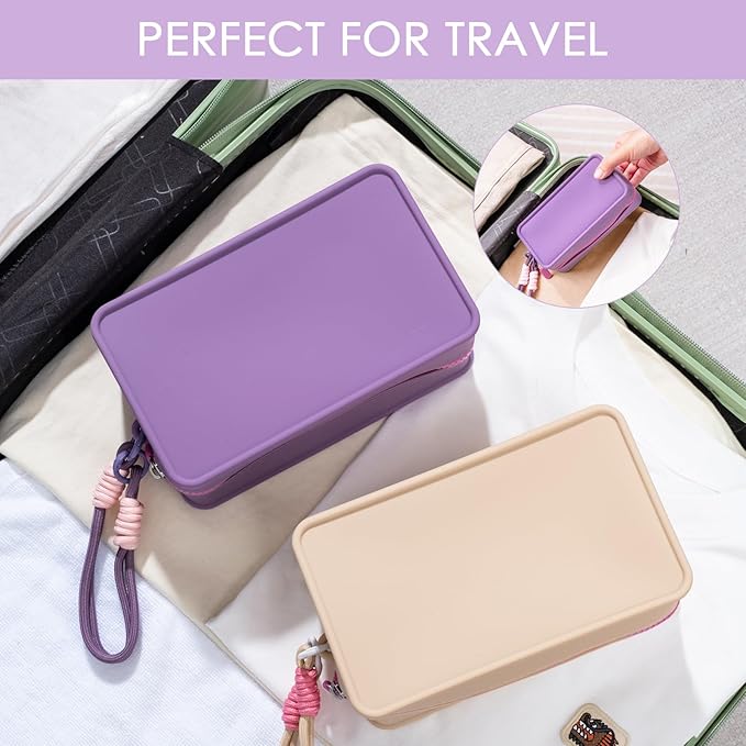 Travistar Silicone Travel Makeup Bag - Large Capacity Make Up Pouch Travel Makeup Organizer Bag Waterproof Toiletry Bag Portable Cosmetic Bag Small Womens Brush Holder Bag with Zipper Closure Khaki