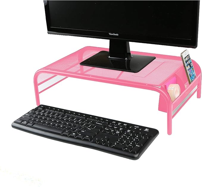 Mind Reader Monitor Stand, Ventilated Laptop Riser, Desktop Organizer, Side Storage, Metal Mesh, 20" L x 11.5" W x 5.5" H, Pink