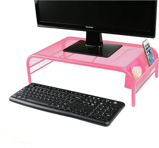 Mind Reader Monitor Stand, Ventilated Laptop Riser, Desktop Organizer, Side Storage, Metal Mesh, 20" L x 11.5" W x 5.5" H, Pink