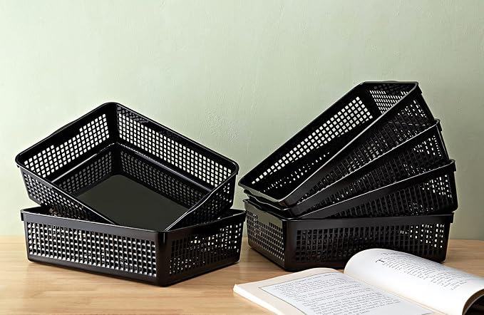 Eslite A4 Size Plastic Storage Basket,Desktop File Paper Letter Organizer Tray, 6-Packs (Black)