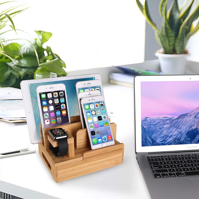Bamboo Wood Multi-Device Desktop Charging Dock Station Charger Holder Cradle Charge Stand Compatible iPhone 16 15 14 13 Pro Max iPad Mini Pro Air Apple Watch Ulrta 10 9 8 7 6 5 4 3 2 iWatch Smartphone