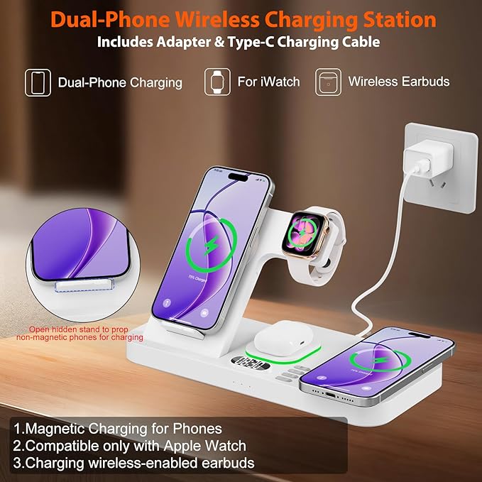Dual Phone Magnetic Wireless Charging Station for Apple Devices/Apple Ecosystem, 7-Color Auto Light & 12H Clock, Multi-Device Charger for iPhone 17/16/15, for iWatch 11/10/9 & AirPods Pro3(White