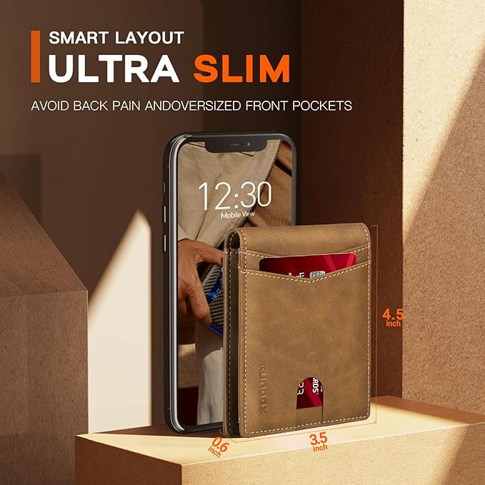 RUNBOX Wallet for Men Slim Leather Bifold RFID Blocking Minimalist Front Pocket Design with Gift Box