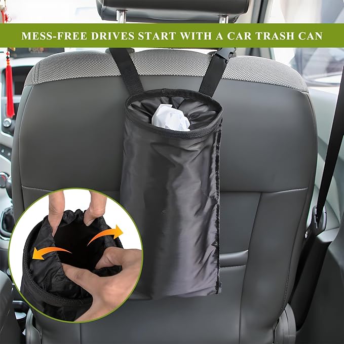 2 PCS Car Trash Bag, Large Capacity Washable Oxford Back Seat Hanging Bag with Elastic Opening, Auto Headrest Waterproof Trash Garbage Can for Outdoor Traveling Home Use