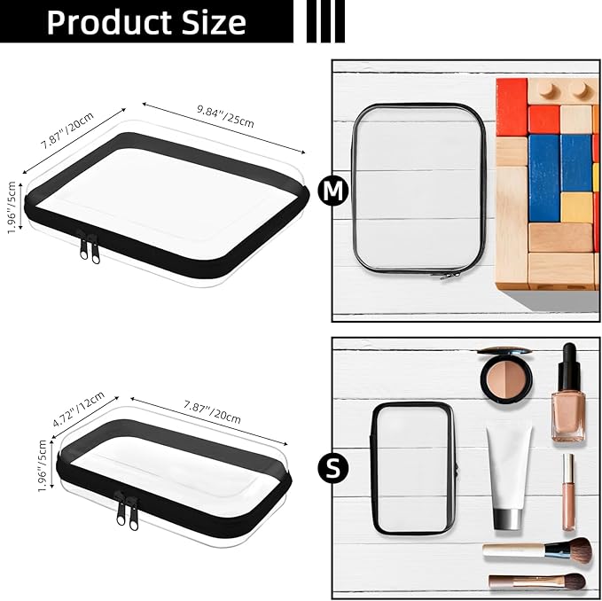Clear Hard Shell Zipper Case,Clear Toy Storage Pouch,Waterproof Transparent Organizer Cosmetic Case for Travel, Office, Home (Black, 3*S)