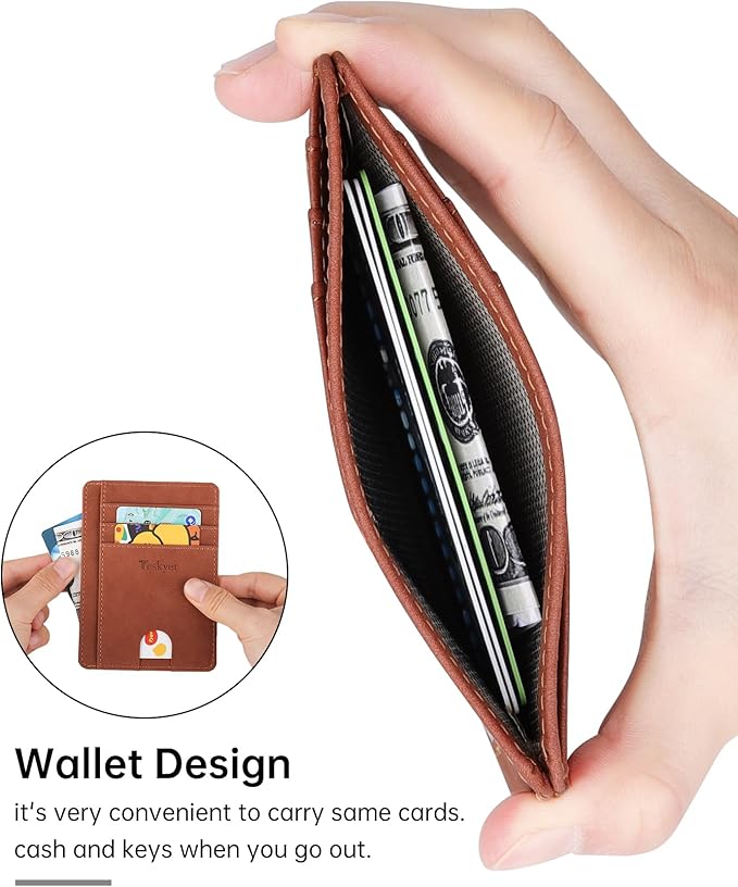Teskyer Slim Wallet for Men, Minimalist Front Pocket RFID Blocking Leather Wallet Credit Card Holder for Men & Women