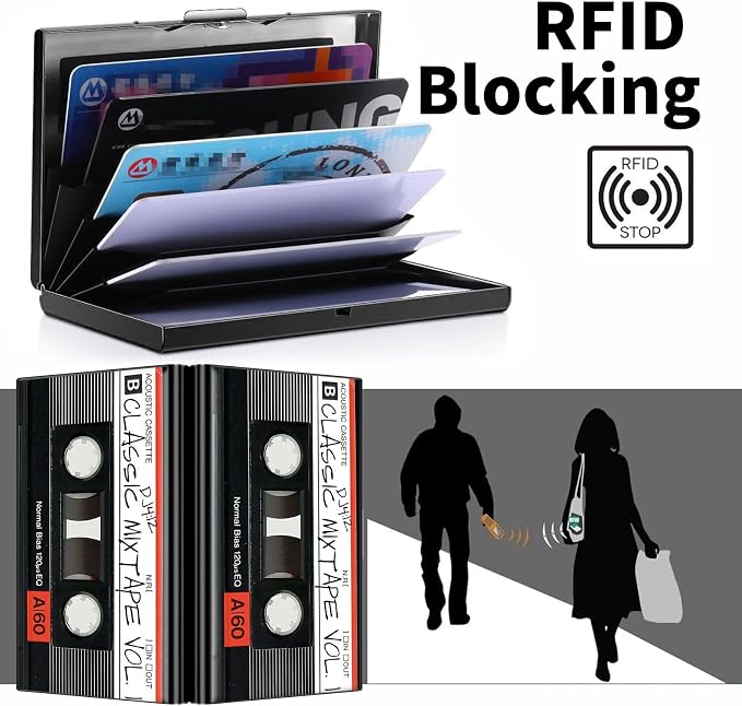 Metal Wallet, Credit Card Holder for Women Men Girls, RFID Blocking Aluminum Wallet Slim Hard Case, Mini Travel Wallet, ID Card Holder Business Card Case,Retro Audio Cassette
