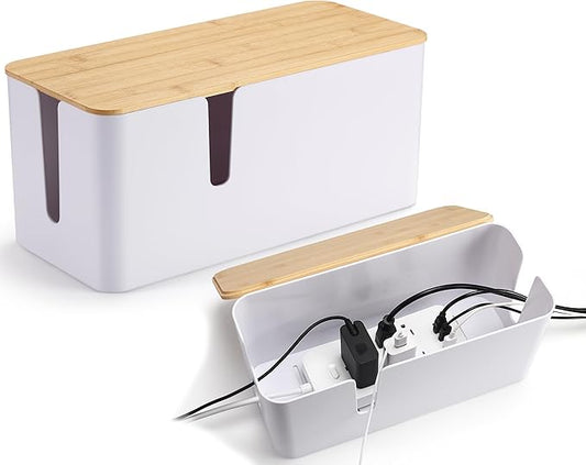 ZhiYo Bamboo Lid Cord Organizer Box, 2Pack Large Cable Management Box, Safe ABS Wire Organizer for TV and Computer, Wood Cover Cord Hider to Hide Wires, USB Hub & Under Desk Power Strip, White