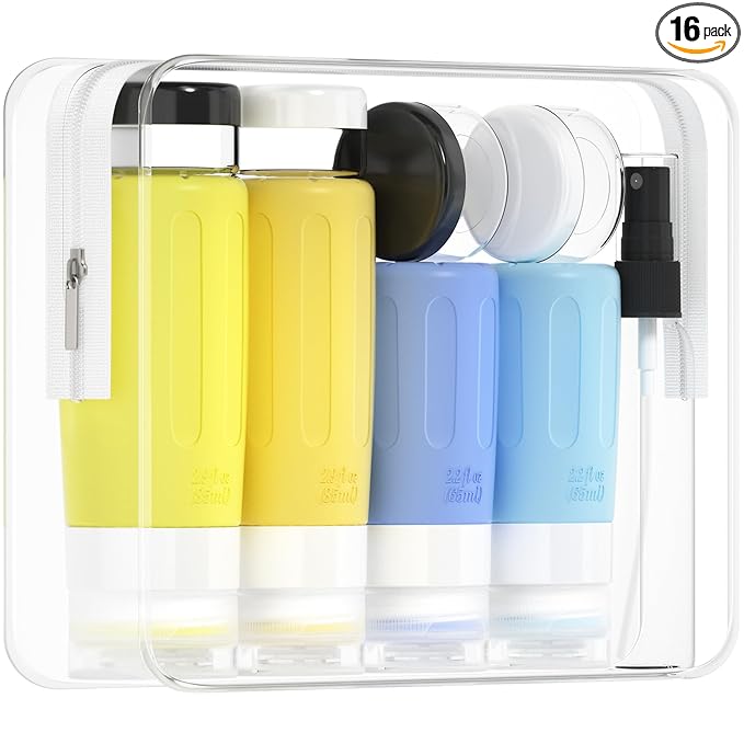 Morfone 16 Pack Silicone Travel Bottles Set for Toiletries TSA Approved Travel Containers Leakproof Squeezable Refillable Accessories 2oz 3oz for Shampoo Conditioner Lotion Liquids (Yellow Blue)