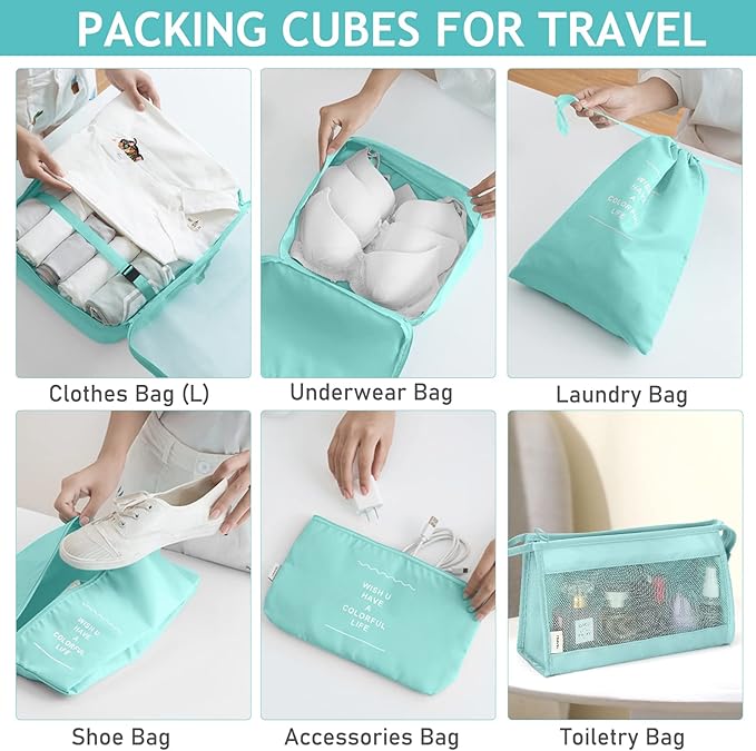 KPX 8 Set Packing Cubes for Travel, Luggage Packing Organizers Accessories Large Toiletries Bag for Clothes Shoes Cosmetics (Blue)
