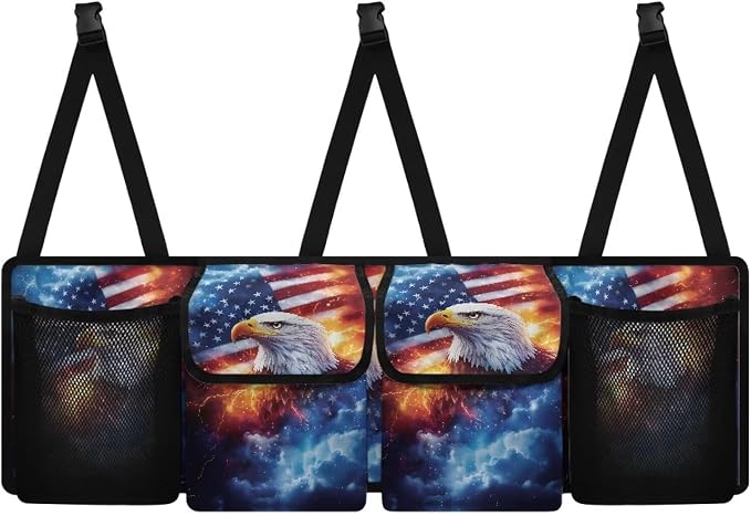 American Flag Car Trunk Organizer,Lightning Flame Eagle Collapsible Large Capacity Auto Backseat Hanging Storage Bag with Adjustable Strap & 4 Pockets Not Easy to Fade Machine Washable