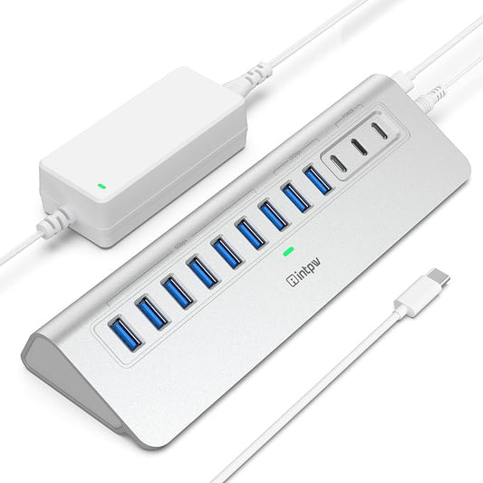 Powered USB Hub 10Gbps, intpw 12 Port USB C Hub with USB C 3.2+2 USB A 3.2, 7 USB 3.0, 2 PD 45W Charging Port, 65W Power Adapter + 3.3FT Cable, Aluminum USB Hub for PC/Laptop/iPhone 17/16/PC