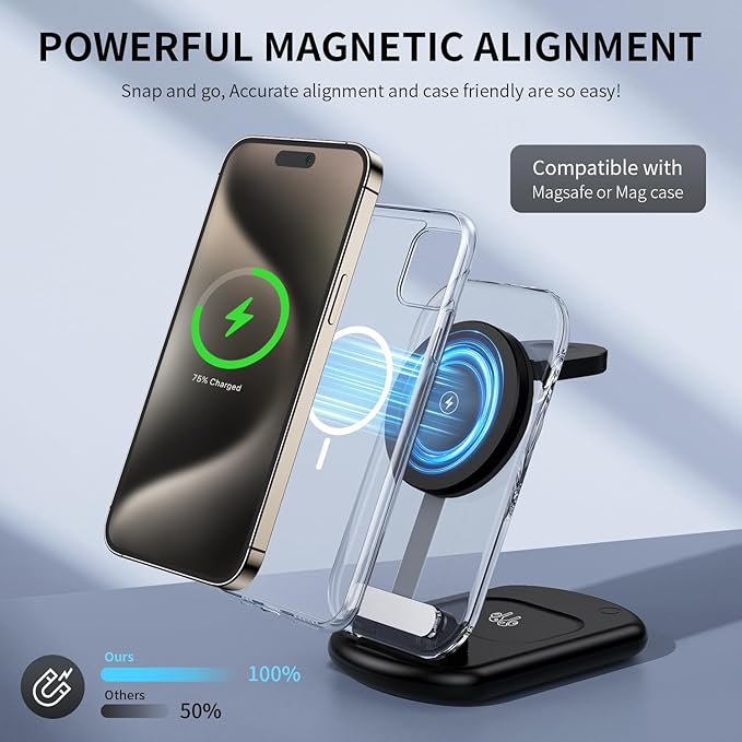 2026 Traveling Wireless Mag-Safe Fast Charging Station,Magnetic 3 in 1 Charger with Light for iPhone 17 16 15 14 13 12 Pro Max Plus,Apple Watch & Air pods 4 3 2 Pro-Gifts for Wife & Husband(Black)