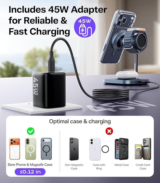 Qi2.2 Certified 25W Fast Charging Station with Cooling Fan, 3 in 1 Wireless Charger Design for MagSafe Charger for iPhone 17/16/S26 Ultra/Pixel 10, Charging Stand with 45W Adapter for iWatch & AirPods