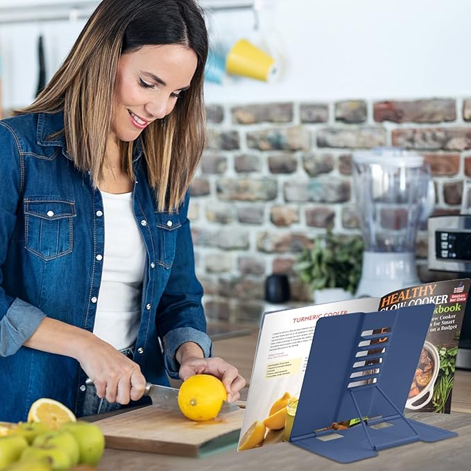 Honagu Book Stand Metal Desk Book Holder, Book Holders for Reading Hands Free, Adjustable Cookbook Documents Holder, Portable Bookstand for Music Books, Textbook, Recipe, Tablet, Ipad (Royal Blue)