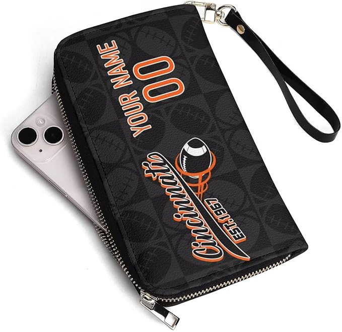 Custom Sports Team Zip Organizer Wallet-Personalized PU Leather Wallet with Name Number,Multi-Card Slots,Wrist Strap,Fan Gift for Men Women.