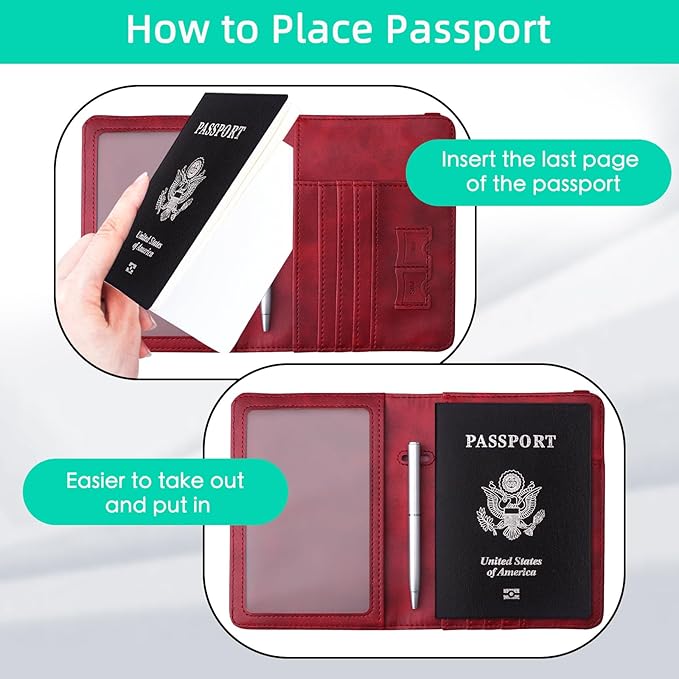 WALNEW Passport Holder Wallet, RFID Blocking Passport Cover Case PU leather Card Holder with Pen and Clear Card Slot for Women Men, Red