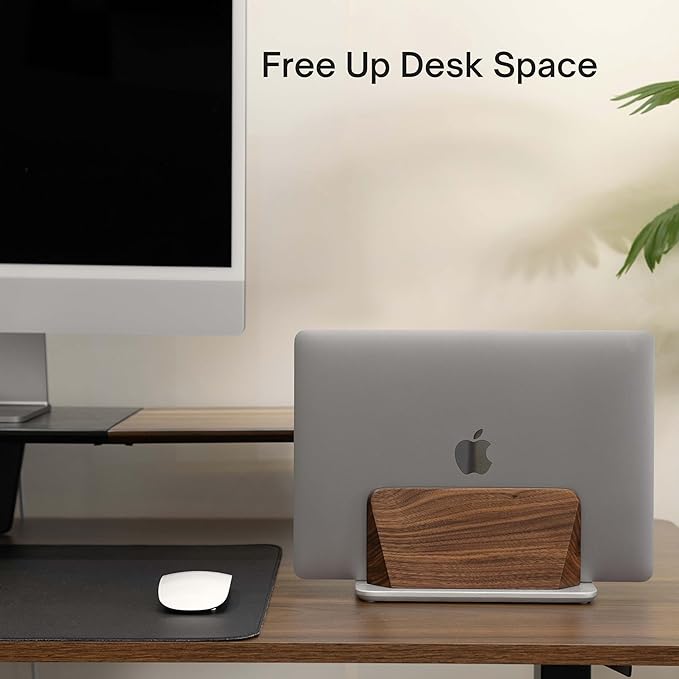 Vertical Laptop Stand, Solid Black Walnut Body & Silver-Finished Ash Wood Base, Wood Laptop Holder Vertical for Desk - Adjustable Dock (0.47"-1.57" Width) Fits Most Laptops, MacBooks