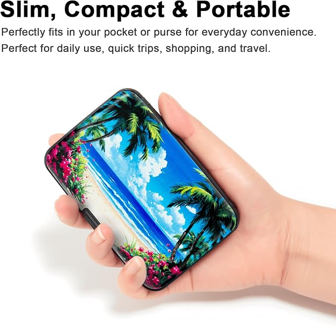 Credit Card Holder for Women Men RFID Blocking Wallet Small Business Metal Slim Mini Aluminum Hard Case (Tropical Beach Palm Trees)
