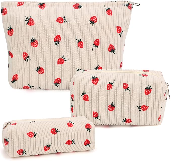 3 Pcs Makeup Bag Cosmetic Bag Set for Girls Women Travel Organizer Bathroom Toiletry Pouch Large Capacity Storage Bag (Strawberry Beige)