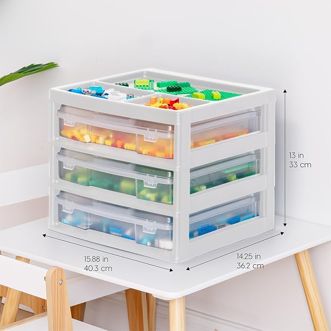 IRIS USA Fits 12" x 12" Paper, 3-Tier Desk Top Storage Unit with Organizer Top, for Office Art & Craft Supplies, Pens Pencils Sticky Notes Paper Clips, 3 Clear Cases w/ Built in Handle - White/Clear