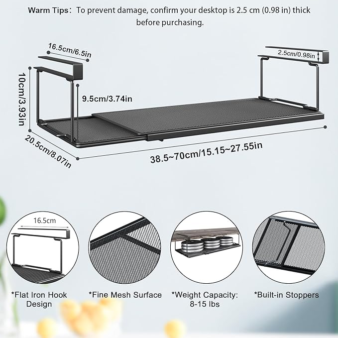 1 Pack Expandable Under Cabinet Shelf, Under Shelf Basket with 0.94 Inches Thick Clips for Kitchen Cupboard, Metal Hanging Under Desk Basket for Laundry Room, Cabinet, Shoe Rack