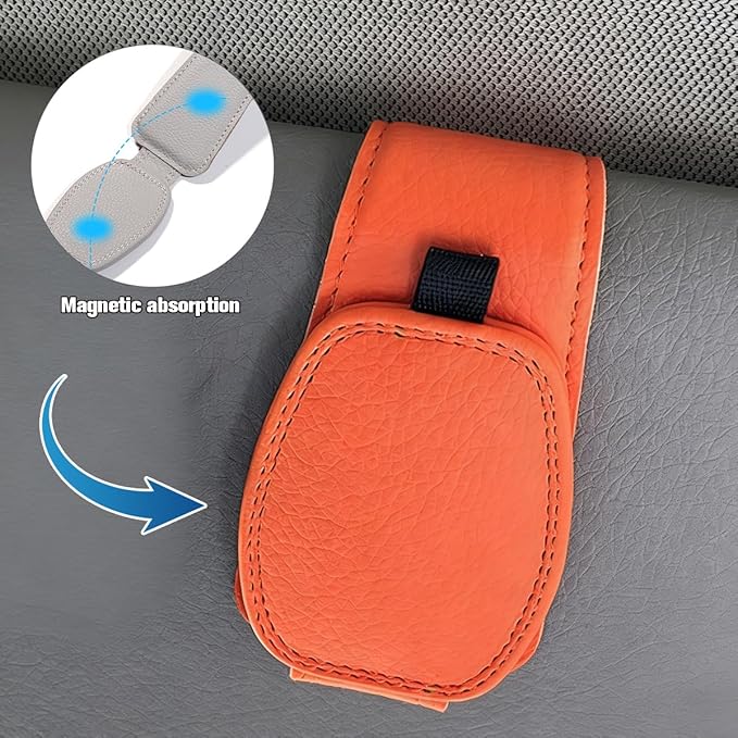 Sunglass Holder for Car Visor, Magnetic Leather Vehicle Sun Visor Storage Clip for Different Size Eyeglasses, Automotive Interior Glasses Ticket Card Clip, Universal for SUV RV Truck (Orange)
