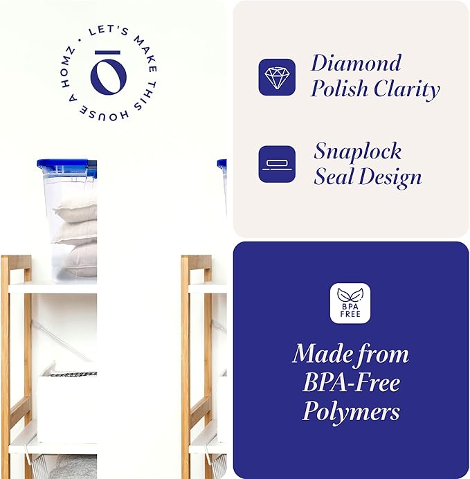 HOMZ 4-Pack Secure Latch, Clear Plastic Storage Organizer Bins, 64 Quart, Blue Lid - Stackable Container Boxes for Bedroom, Bathroom, Garage, and Office Organization