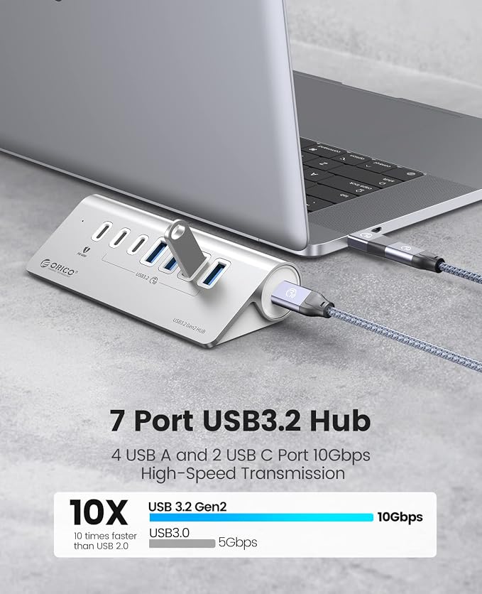 ORICO 7-Port USB 3.2 Gen2 Hub, Powered USB 3.2 Hub with 4 USB-A, 2 USB-C, PD 60W, 72W Power Adapter, 10Gbps Aluminium USB-Splitter with 1.64Ft USB-C to USB-A/C Cable for iMac, MacBooks, Mac mini