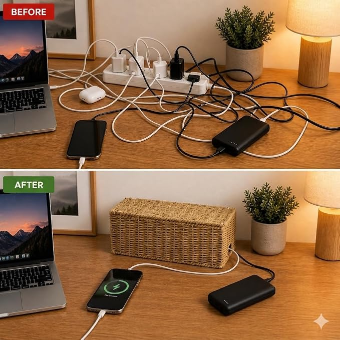 Handwoven Natural Raffia Cable Management Box with Lid – Decorative Cord Organizer for Power Strips, Surge Protectors & Charging Cables – Woven Storage Basket for Home & Office (Natural Raffia)