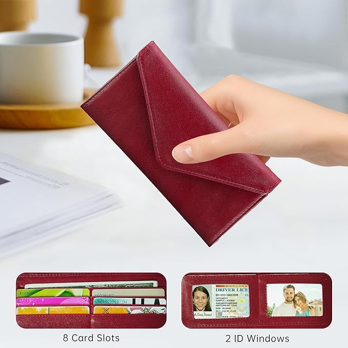 Rfid Credit Card Holder Wallets for Women Leather Zipper Slim with Coin Pocket, Wine Red