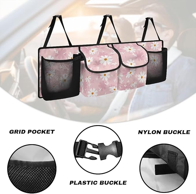 Daisy Printed Trunk Organizer for Car Foldable Trunk Storage Organizer with 4 Pocket & 3 Adjustable Straps Wear-Resistant Oxford Fabric Multipurpose Cargo Bag