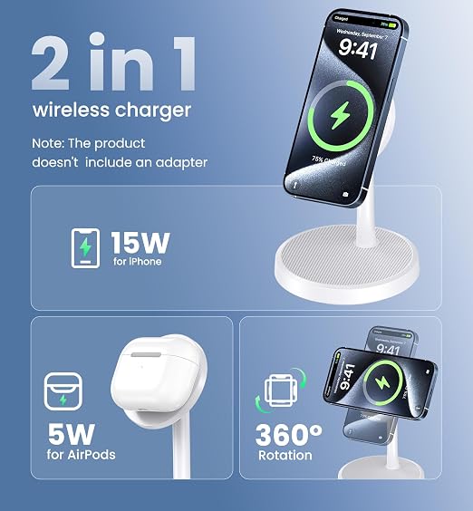 Magnetic Wireless Charger iPhone, 2 Pack 15W Fast Mag-Safe Charger Stand for iPhone 17/17 Air/17 Pro/17 Pro Max 16/15/14/13/12 Series, Wireless Charging Station for Pad/AirPods(White)