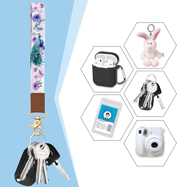 Blusabaca Credit Card Holder for Women, Peacock Small RFID Blocking Wallet with Wristlet Strap, Keychain Wristlet Zipper Women Wallet, Leather Card Case, Accordion Card Wallet Purse with Key Lanyard