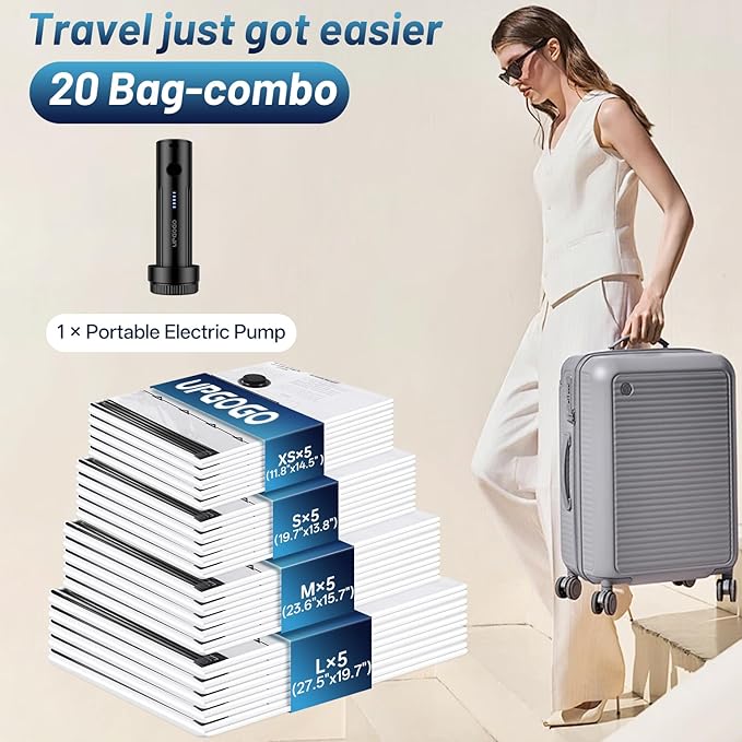 UPGOGO Travel Vacuum Bags for Luggage with Portable Electric Pump,Vacuum Seal Bags for Clothing,Packing Cubes Compression,Cruise Ship and Travel Essentials(Combo 20 Pack)
