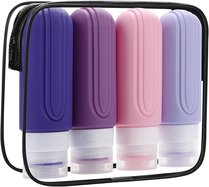 Travel Bottles Set for Toiletries, TSA Approved Travel Containers Leak Proof Silicone Squeezable Travel Accessories 2oz 3oz for Shampoo Conditioner Lotion Body Wash (Purple)