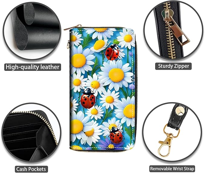 Ladybug on Daisy Flower Print Women Large Capacity PU Leather Zip Around Wallet, Multifunctional Clutch Purse for Cash/Card/Coin/Smart Phone