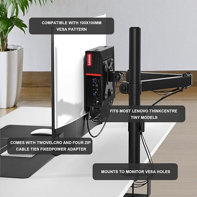 Mini PC VESA Mount Compatible with Lenovo Thinkcentre Tiny M90q Gen2, M80q Gen3, M90q Gen3, M90q Gen2, M70q Gen2, M60e, M75q Gen2, Under Desk and Wall Mount,75x75mm or 100x100mm Monitor Arm Wall Mount