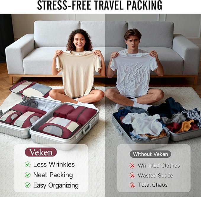 Veken 10 Set Packing Cubes for Travel Essential, Suitcase Organizer Bags in 4 Sizes, Carry-On Luggage Accessories with Large Laundry & Hanging Toiletry Bag, Must-Have for Airplane, Road Trip & Camping