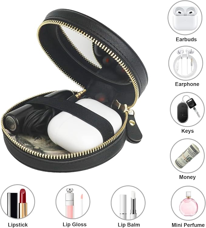 Bocasal Coin Pouch Mini Lipstick Cosmetic Bag with Airtag Holder Mirror, Leather Zipper Travel Makeup Bag Organizer Keychain Ring Clasp for Keys Earbuds Earphone Lip Gloss Chapstick Women Girl (Black)
