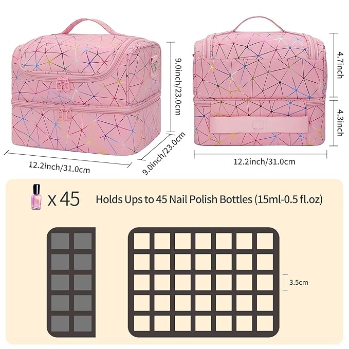 CUBETASTIC Nail Polish Organizer Bag, Double Layer Nail Tech Travel Case Holds 45 Bottles & Full-Size Lamp, Portable Manicure Storage Box for Nail Supplies, Tools & Dip Powder - Pink