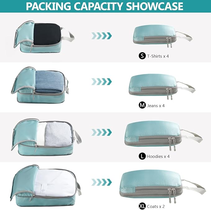 Compression Packing Cubes for Travel, 4 Set Expandable Packing Organizers, Lightweight Luggage Organizer Bags, Travel Essentials for Carry on, Handy Helper for Organizing Clothes, Blue