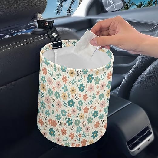 Flowers Car Rubbish Bin Holder Multipurpose Front Seat Back Seat Garbage Container Bag Kitchen Hanging Foldable Rubbish Bin Fashion Vehicle Organization Bin