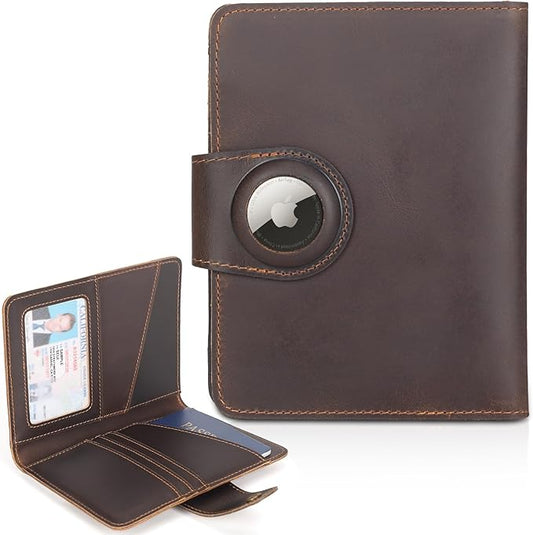 Polare Full Grain Leather Slim and Soft RFID Blocking wallet For Men Snap Bifold Travel Wallet Passport Holders 2 Passports (Dark Brown with AirTag Slot)