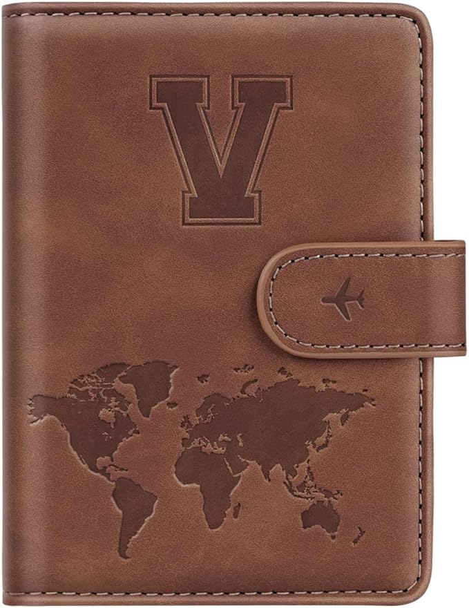 Passport Holder Wallet Cover Personalized Letter A-Z Travel Wallet RFID Blocking Passport Cover Wallet Case for Travel Passport Book Holders for Women and Men, Brown-V
