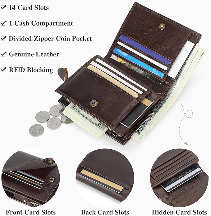 BAIGIO Genuine Leather Wallets for Men, Large Capacity Mens Bifold Wallet Leather RFID Blocking with Huge Zip Coin Pocket, 14 Credit Card Slots, Men's Cash Wallet in Gift Box, Brown