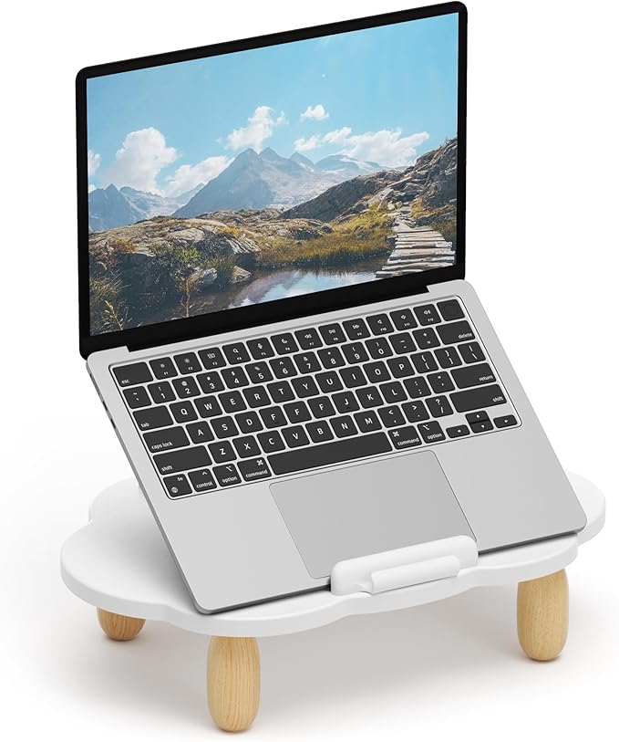 AFOOYO Adjustable Wood Laptop Stand, Ergonomic Height Angles Computer Stand, Cloud-Shaped Holder Riser Notebook Stand for Desk Compatible with Air, Pro, Dell, HP, Lenovo More 10-17.3" Laptops, White