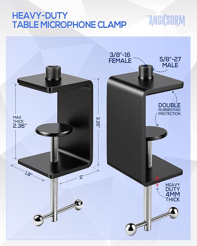 Table Microphone Clamp KB47 - Heavy-Duty Desk Mic Metal Clamp Mount with 5/8-27 Male and 3/8-16 Female Thread, 2PCS
